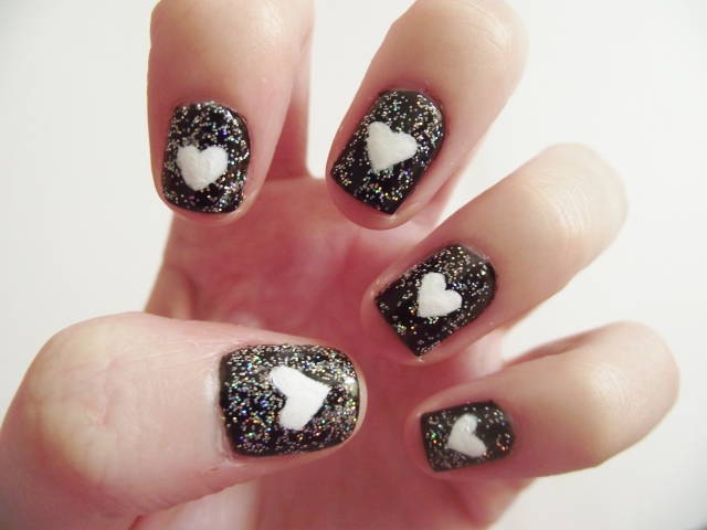 black glitter heart nail art